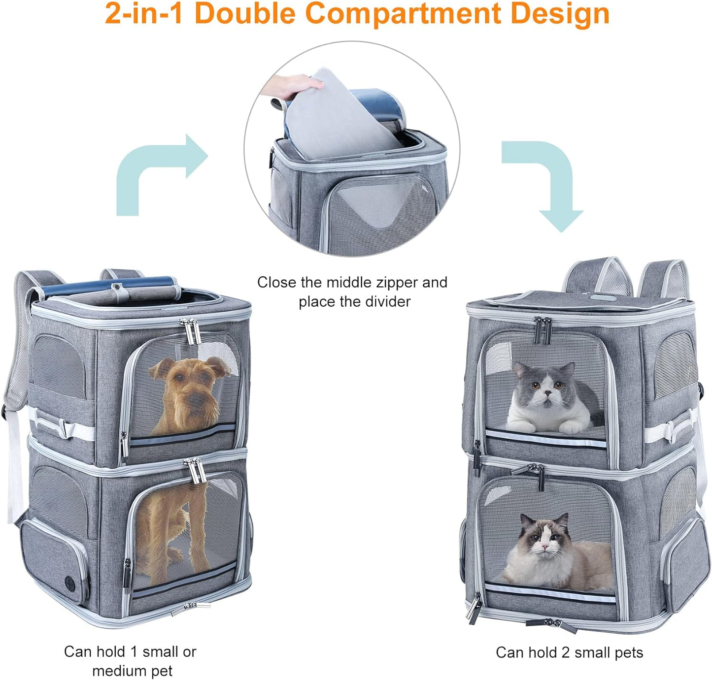 Double Cat Carrier for 2 Cats,Dog Backpack Carrier for Medium Dogs,Double Compartment Pet Carrier Backpack for Dual Pets,For Outdoor Traveling Stroll and Picnic