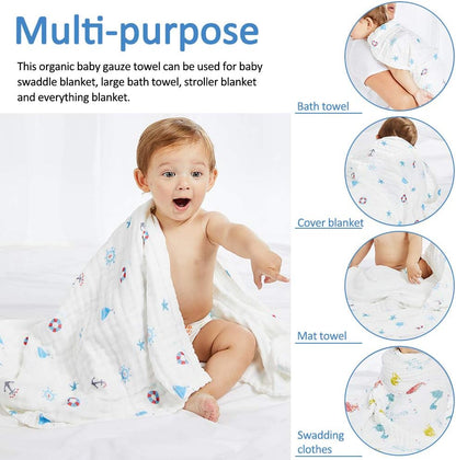 Set of 2 Baby Bath Towels Muslin Baby Blanket, 6 Layer 41.5" X 41.5" Muslin Cloths Cotton Extra Soft Wash Cloth (Colour Random)